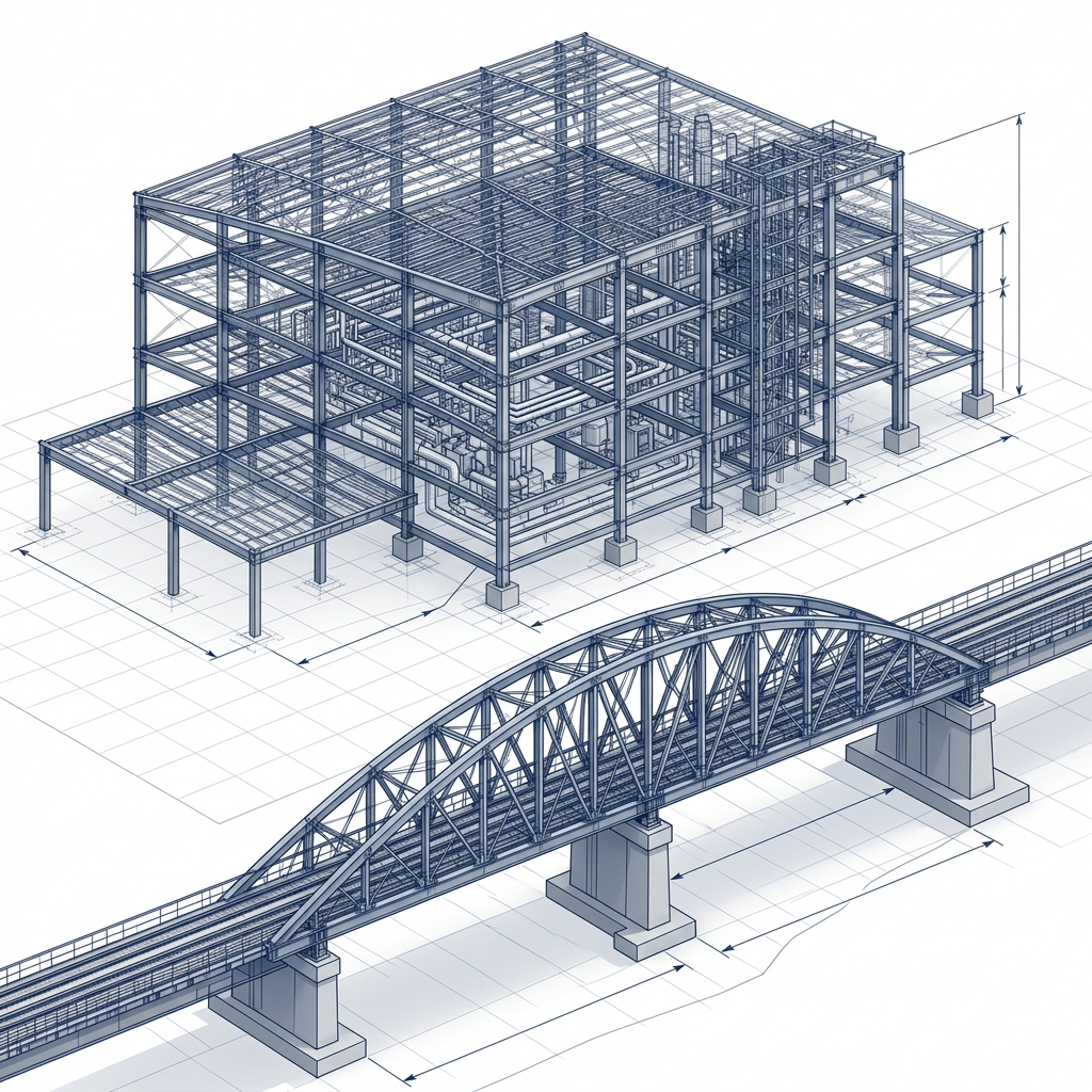 3D CAD wireframe render of a steel structural framework
